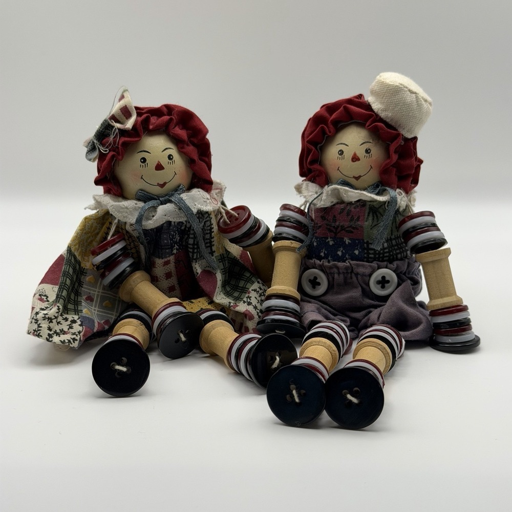 Vintage Raggedy Ann and Andy Button Spool Thread Shelf Sitter Figurine Dolls
